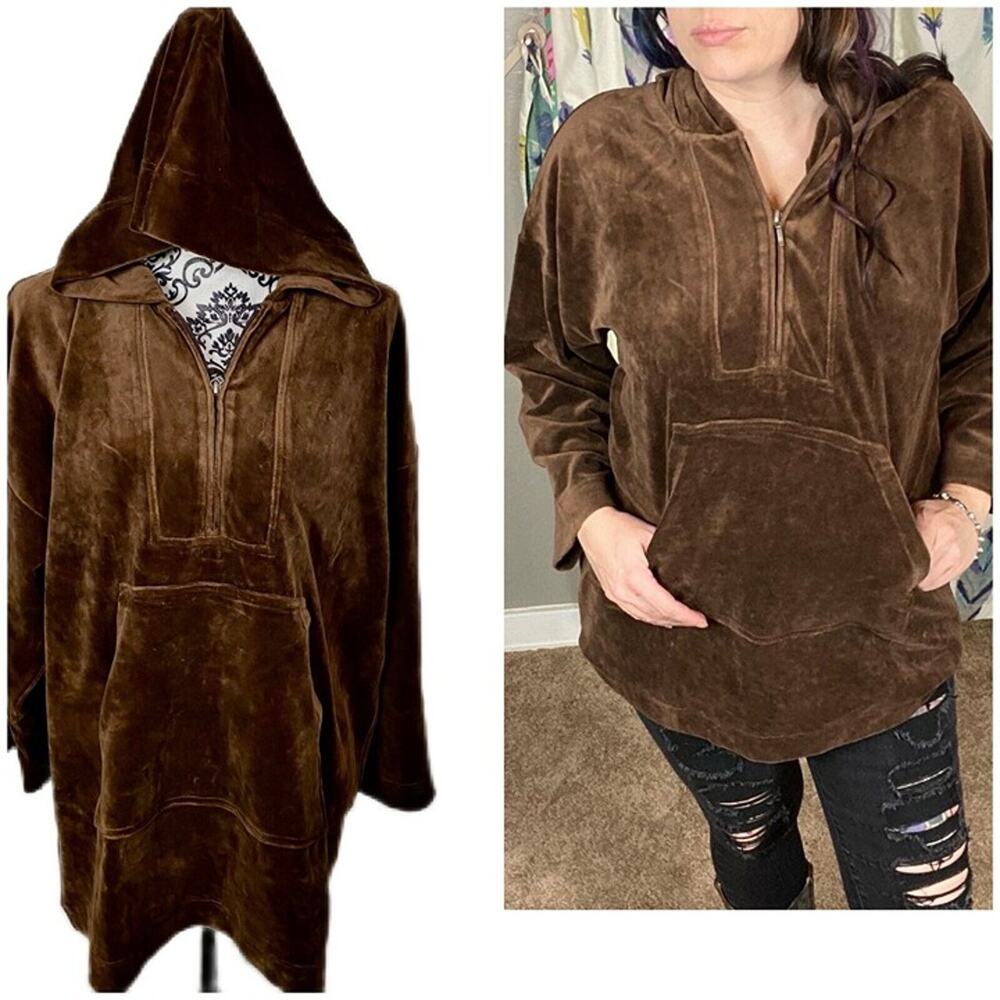 Sutton Studios velour hooded 1/2 zip kangaroo pocket hoodie. sz S brown